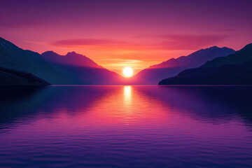 Fototapeta premium Majestic sunset over tranquil lake nestled between vibrant purple mountains.