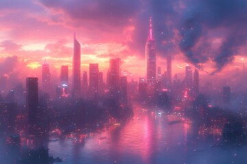a cityscape at twilight under a vibrant, colorful sky, with skyscrapers silhouetted against the glowing sky