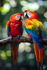 A photo of colorful parrots in a tropical forest
