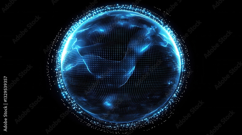 Poster futuristic digital representation of a global network with a glowing blue sphere composed of illumin
