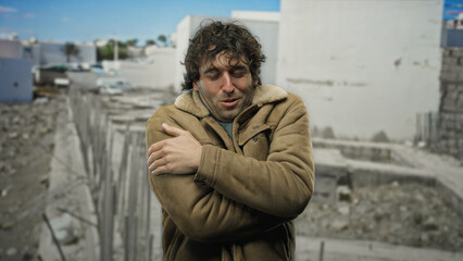 Obraz premium Young man in warm coat shivers outdoors at a construction site, with urban background indicating cold weather, expressing discomfort from the cold city atmosphere.