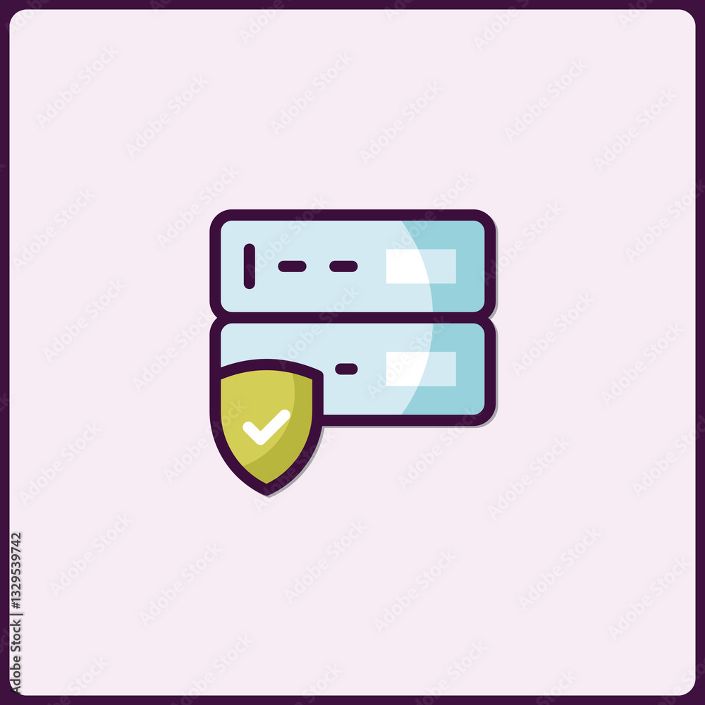 Poster secured data server icon with shield symbolizing protected network system