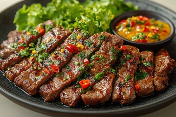 Delicious sliced steak with fresh herbs and greens on a plate ready to be served
