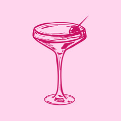 Elegant Hand-Drawn Cocktail Glass with Cherry - Vector Illustration