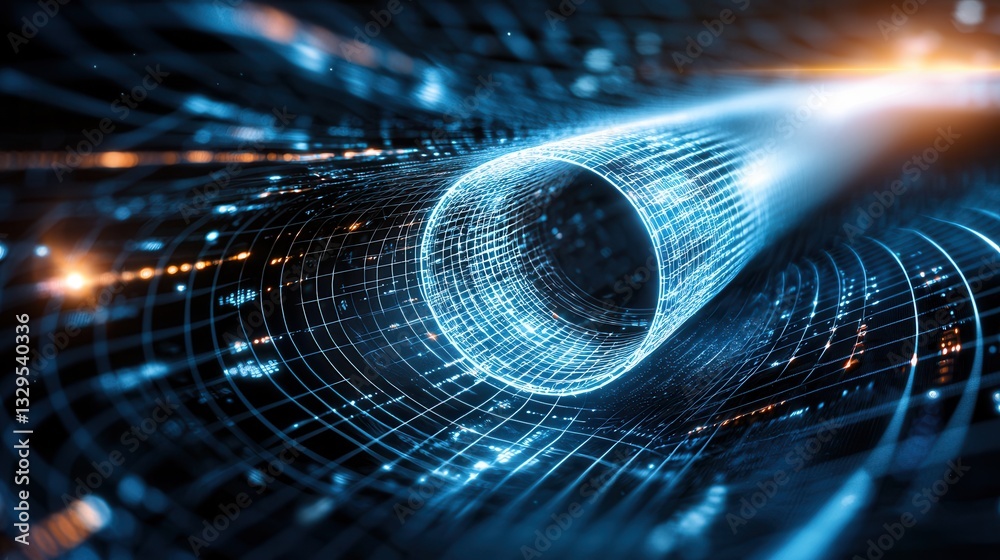 Poster a futuristic digital abstract image depicting a tunnel like structure in a hyperspace setting with l