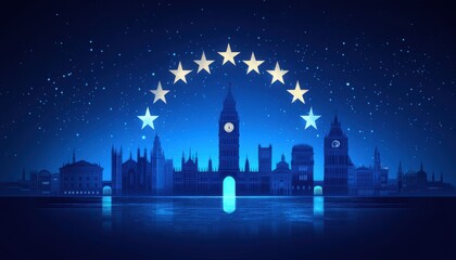 London Skyline at Night with EU Stars: A Digital Artwork