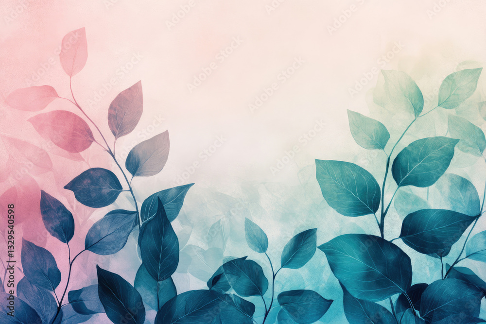 Poster pastel pink and teal leaves on a soft background create a serene and artistic botanical illustration