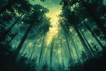 Obraz premium Sunbeams pierce a misty, ancient forest, tall trees reaching for the light.