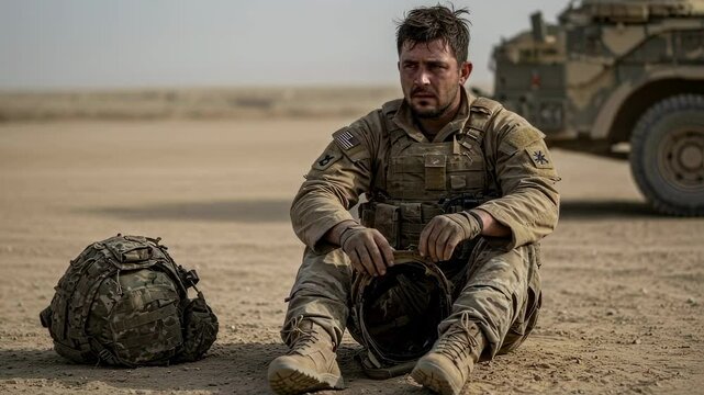Soldier, military and man sitting on ground with helmet in desert for war, combat and army life, thoughtful and tired after mission near armored vehicle