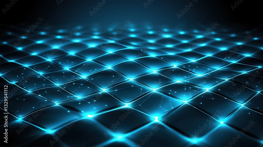 Poster futuristic abstract background with a dark blue glowing digital grid structure and luminous intersec