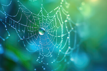 Fototapeta premium A dewy spiderweb glistening in the morning sun, nature's delicate artistry.