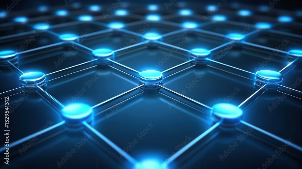 Poster an abstract and futuristic digital network grid composed of glowing interconnected hexagonal element