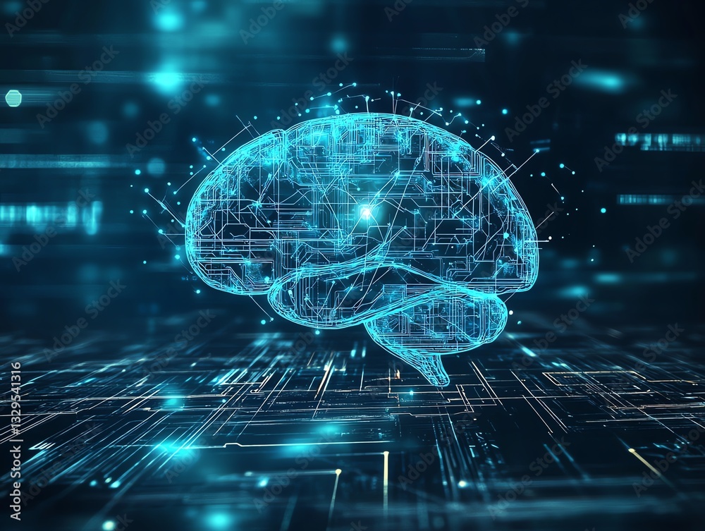 Poster artificial intelligence and machine learning concept with digital graphic human brain layout and lin