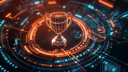 Futuristic trophy displayed on a digital interface with glowing circuits and data visuals - Powered by Adobe