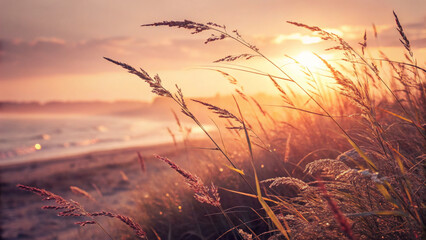 Fototapeta premium Scenic beach at sunset with ocean waves and misty mountains.