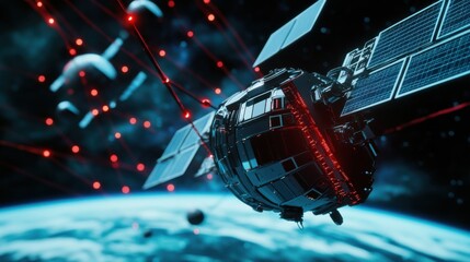 A high-tech space communication system, glowing digital data streams connecting satellites in Earth's orbit, AI-driven networks enabling real-time global connectivity, ultra-detailed