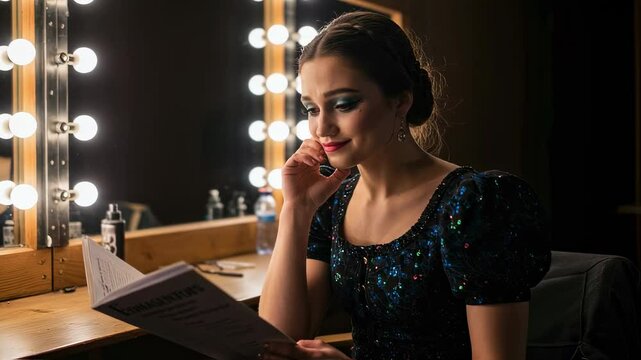 Actress, makeup and script with woman reading in dressing room before performance, thoughtful and focused preparation near mirror with lights in theater backstage