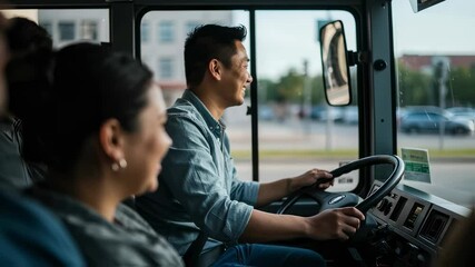 Bus driver, smiling man and public transport with passengers in city for professional service, travel and commuting, casual friendly interaction during ride