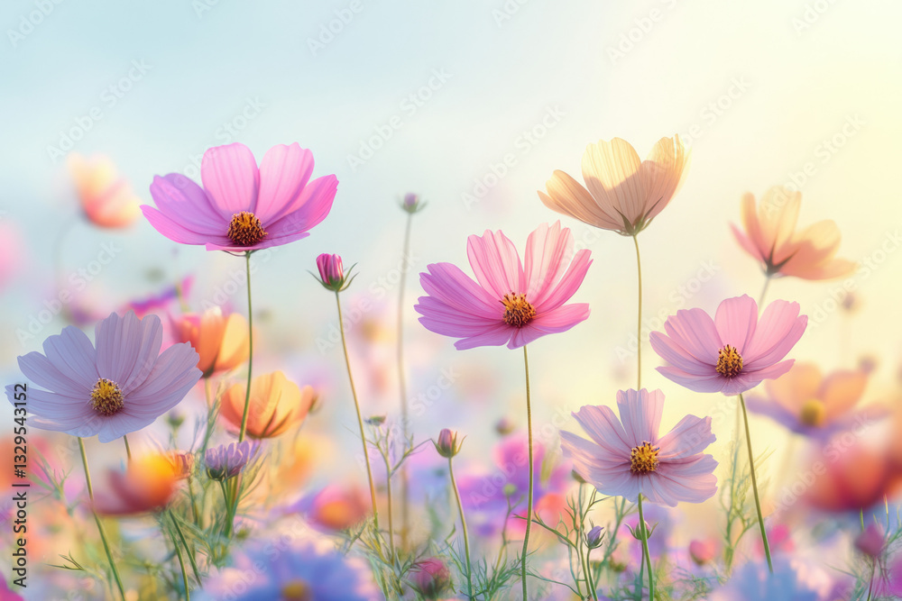 Poster pastel cosmos flowers bloom in a field bathed in sunlight, creating a serene and beautiful scene.