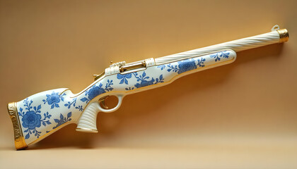 Obraz premium A porcelain shotgun sculpture craft from a ceramic material with blue floral and gold line.