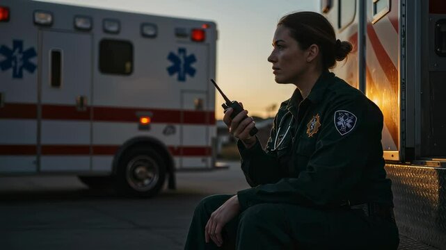 Paramedic, ambulance and woman sitting with radio for emergency medical service, rescue and healthcare, thoughtful and calm first responder on duty in outdoor parking area