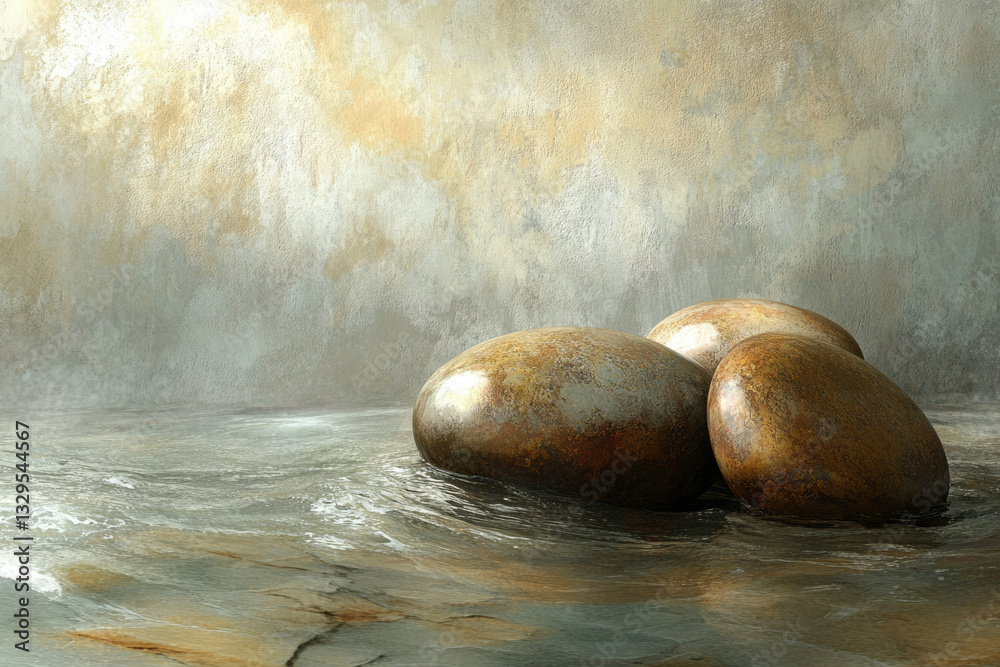 Poster three smooth, bronze-colored stones rest on a wet, textured surface against a rustic backdrop.