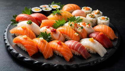 A Various types of sushi including nigiri, maki and  roll on a ceramic plate types.