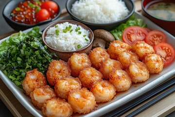 Fototapeta premium Delicious shrimp dinner with rice vegetables and soup served on a square platter