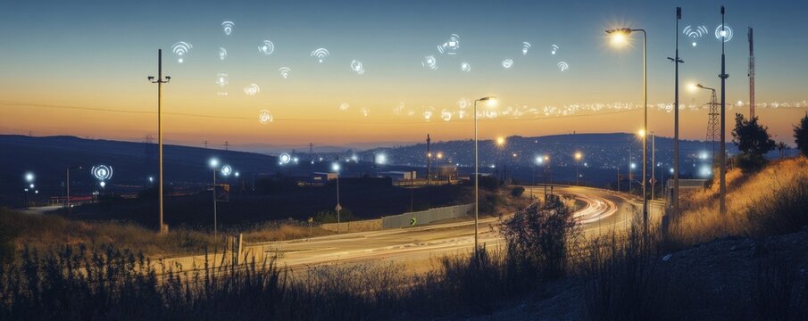 A modern roadway with wireless symbols overlaid in the sky