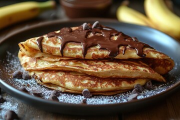 Stack of pancakes drizzled with rich chocolate sauce served on a dark plate