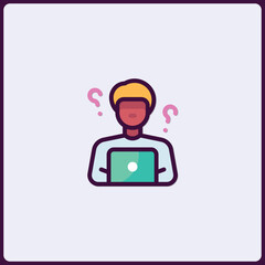 Puzzled digital nomad or distant worker with laptop and question marks icon