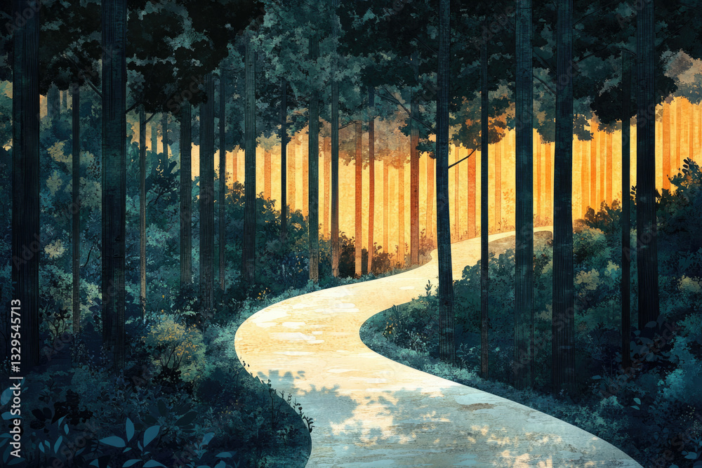 Poster a winding path through a sunlit forest, leading towards a hopeful and mysterious destination.