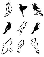 Bird Icon Set 3, black on white isolated background birds,  line art and silhouette symbols