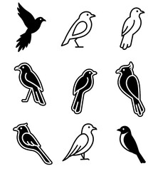 Bird Icon Set 2, black on white isolated background birds,  line art and silhouette symbols