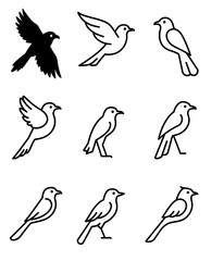 Bird Icon Set 1, black on white isolated background birds,  line art and silhouette symbols