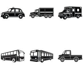 Black Silhouette Set of Ambulance, Bus, Lorry, Motorbike, Taxi, and Truck