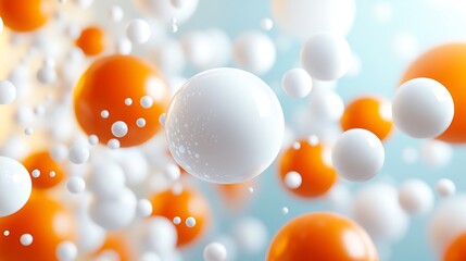 Abstract background with floating white and orange spheres.