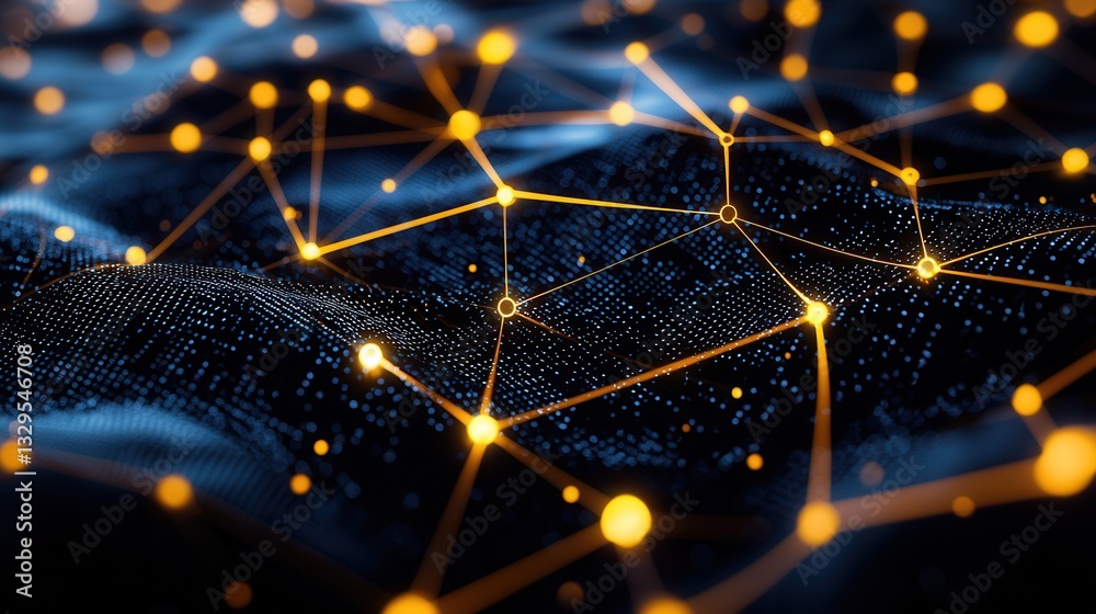 Poster captivating abstract design featuring a complex digital grid with a dark blue background and a vibra