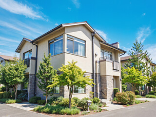 Fototapeta premium Modern suburban home with well-maintained landscaping and blue sky, exterior view from street on sunny day.