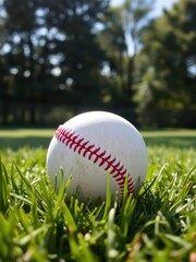  Close up of Baseball on Grass with Shadows of Trees in Background