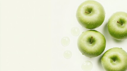 Fresh green apples glistening with water droplets on a light background, perfect for healthy snacking or cooking