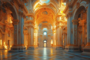Fototapeta premium A grand, ornate cathedral interior with columns and arches, bathed in warm golden light