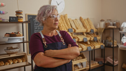 Mature woman with grey hair standing inside a bakery with arms crossed, surrounded by shelves of bread and pastries