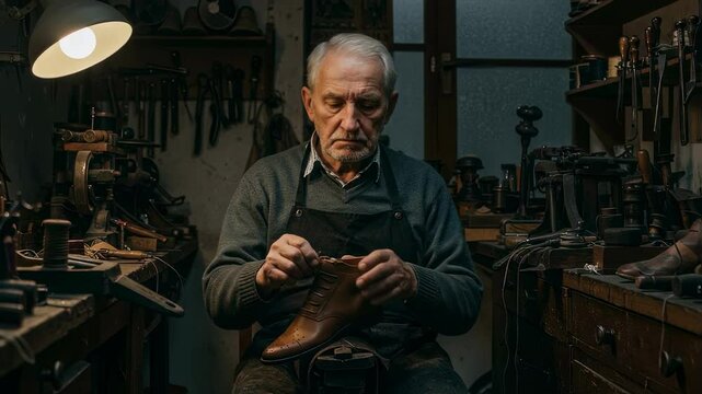 Senior shoemaker crafting leather shoe in workshop for handmade shoes, traditional craftsmanship and artisan work concept with tools and vintage atmosphere