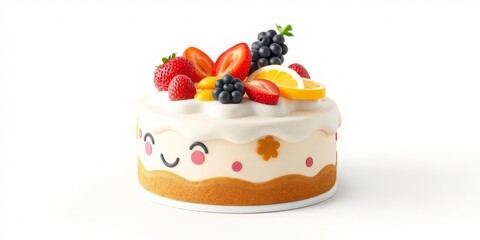 Whimsical Cartoon Cake with Fruit Toppings, Isolated on White Background in 3D for a Fresh and Fun Style