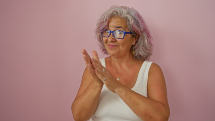Woman clapping wearing glasses with grey hair against an isolated pink wall background