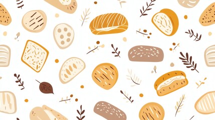 Bright and colorful bread patterns featuring various types of bread on a light background
