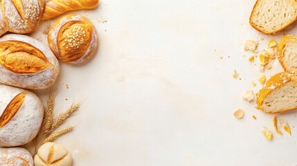 Freshly baked bread assortment with sliced pieces and scattered crumbs on a light surface