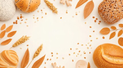 Baked goods assortment with autumn foliage and seeds on white background creating border
