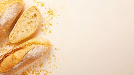 Crusty french bread loaves and slice with crumbs lie on a light-colored surface